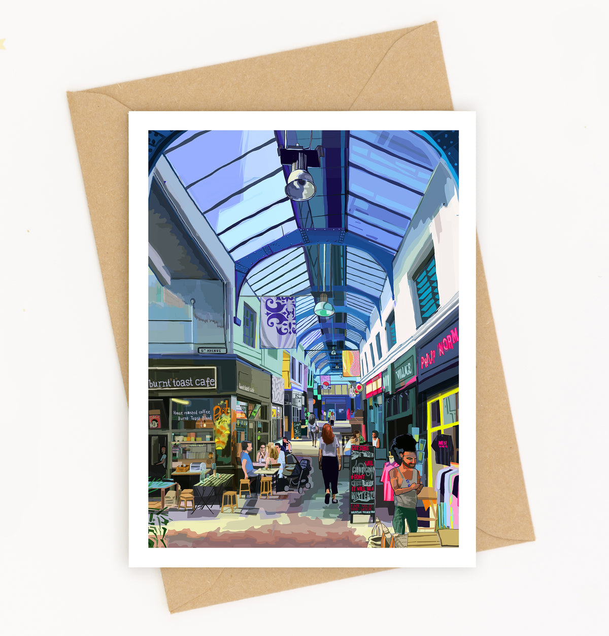 Vibrant illustration of Brixton Village interior on an A6 greeting card by Tomartacus