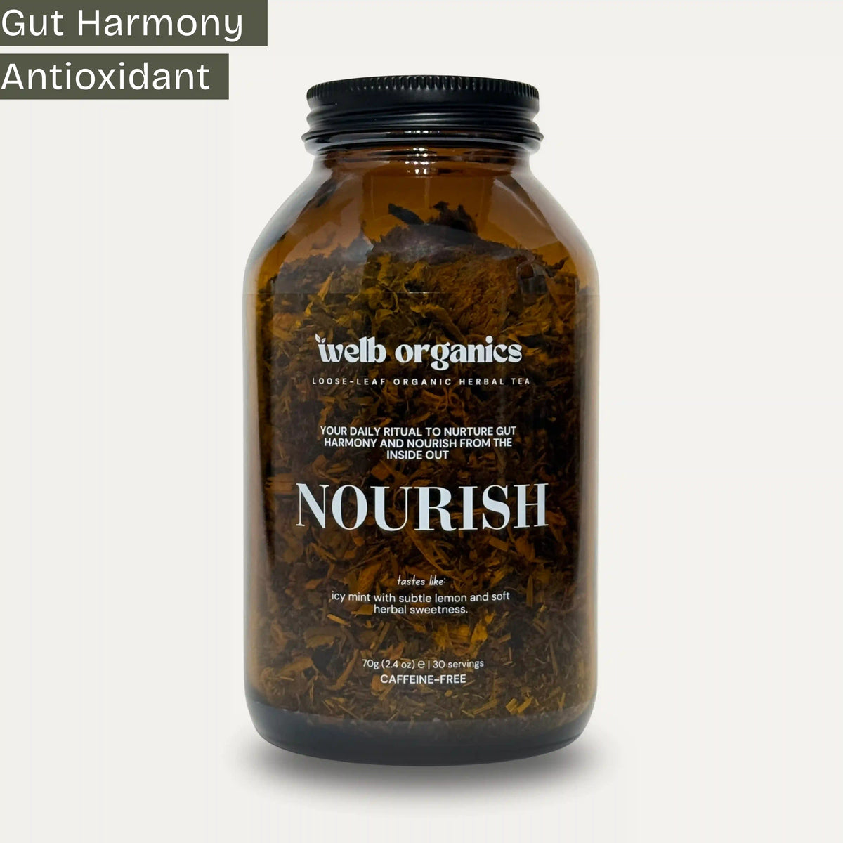 Close up of Nourish herbal tea blend showing organic botanicals