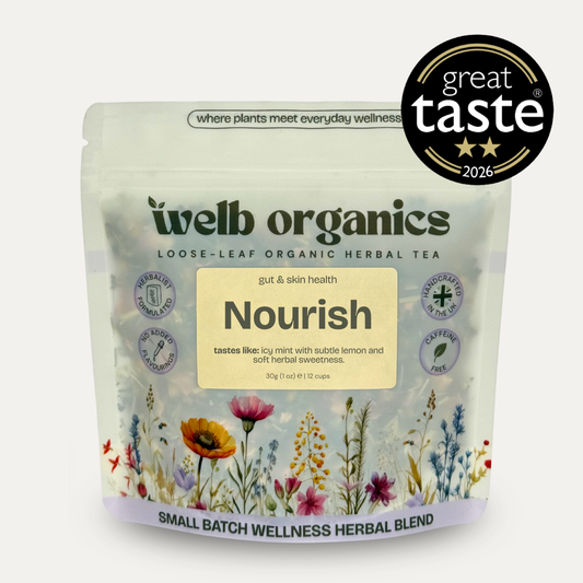 Welb Organics Nourish loose-leaf herbal tea in a resealable stand-up pouch, shown on a light gray background with a black 'great taste 2026' badge in the top right corner.