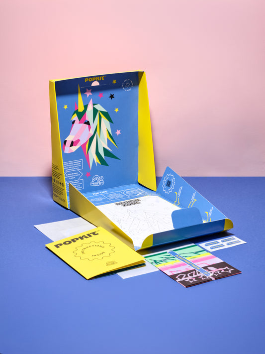 Unicorn POPKIT Design Studio box contents, a sustainable craft kit for children to customise clothing.