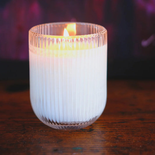 Pomegranate HÆFEN Soy Wax Candle in ribbed glass – Fruity & warm scent, sustainable vegan candle by Parkminster, 200g, eco-friendly gift London.
