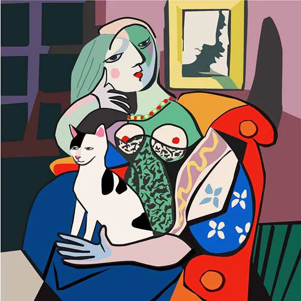 Picasso-style abstract cat greeting card, blank inside, with white envelope, displayed on a wooden surface