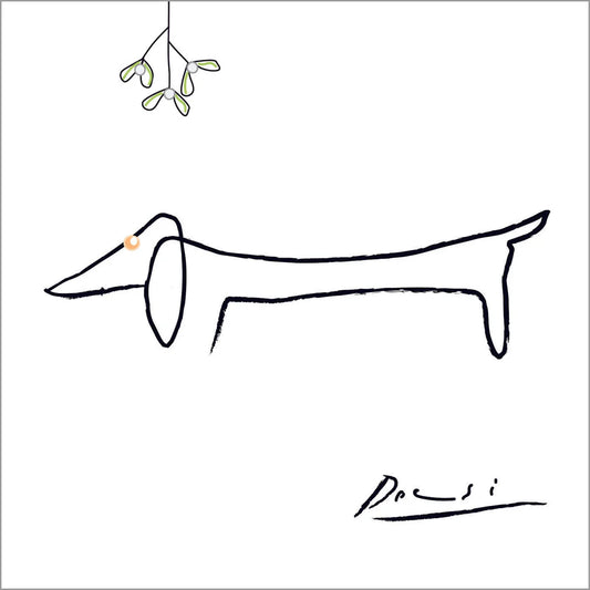 Picasso-style dachshund Christmas card with mistletoe, shown with a white envelope and biodegradable cello bag