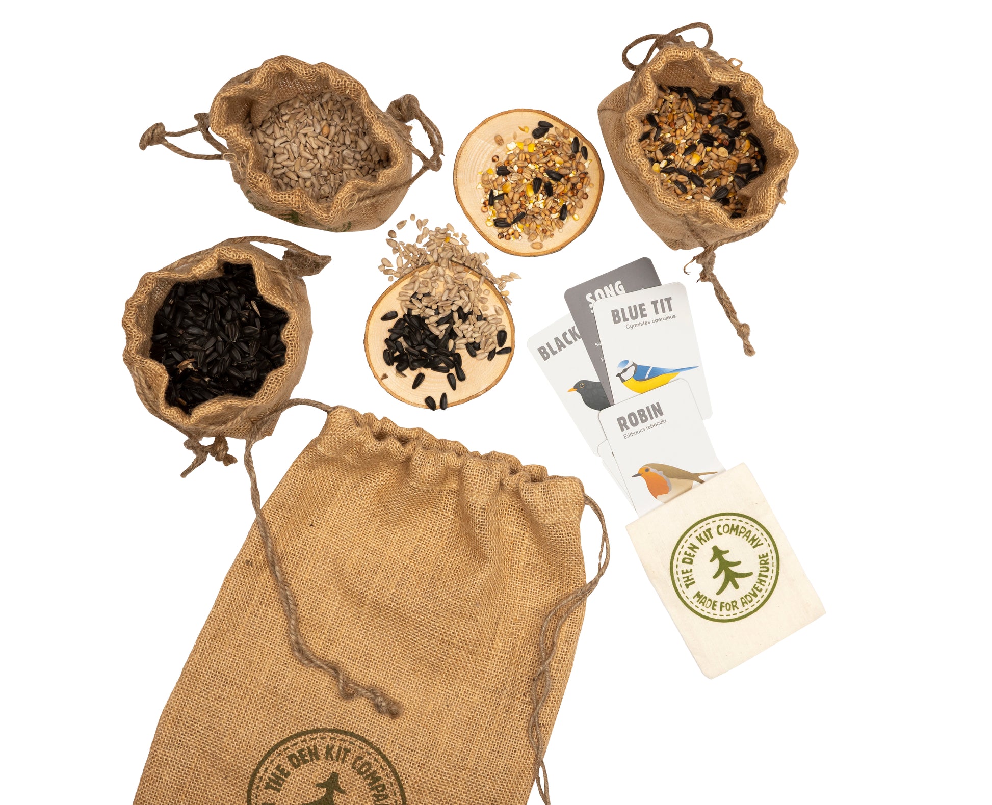 Shows the contents of the drawstring bag containing the ingredients to make pizzas for the birds, pizza bases and A pack of 9 beautifully illustrated British native bird identification and information cards