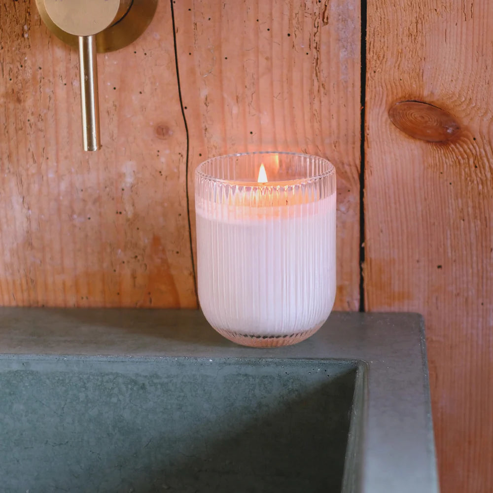 Parkminster Wild Rhubarb 200g soy wax candle in linear ribbed glassware
