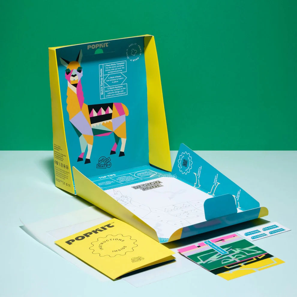 Llama Popkit Design Studio kit packaging, highlighting its sustainable, plastic-free design.