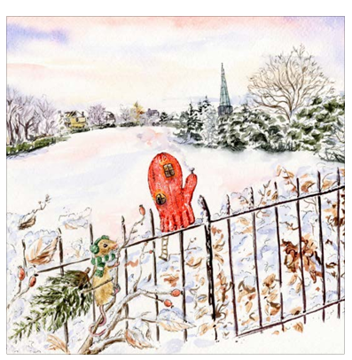 Lost Red Mitten Christmas greeting card by Jessica Kendrew, featuring woodland mice in a snowy landscape with a lone red mitten