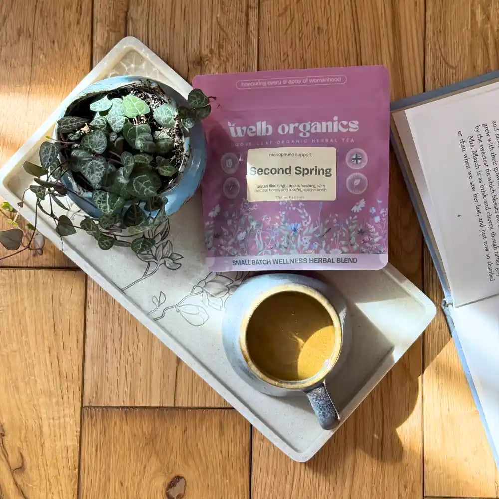 Handcrafted loose leaf menopause herbal tea blend with sage and shatavari