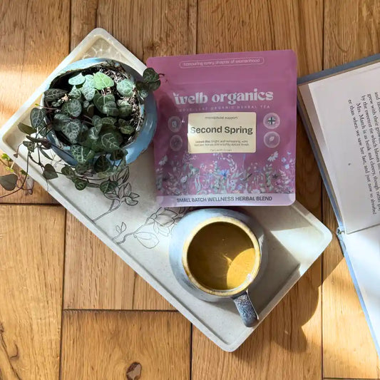 Handcrafted loose leaf menopause herbal tea blend with sage and shatavari
