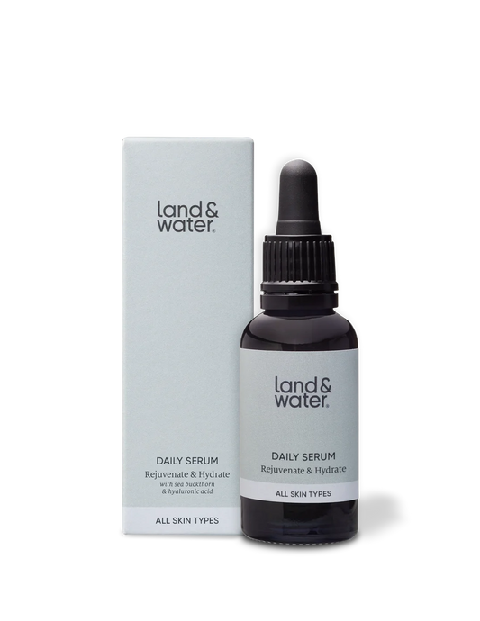 Land & Water Daily Serum. With sea buckthorn and hyaluronic acid. Sustainably made in the UK.