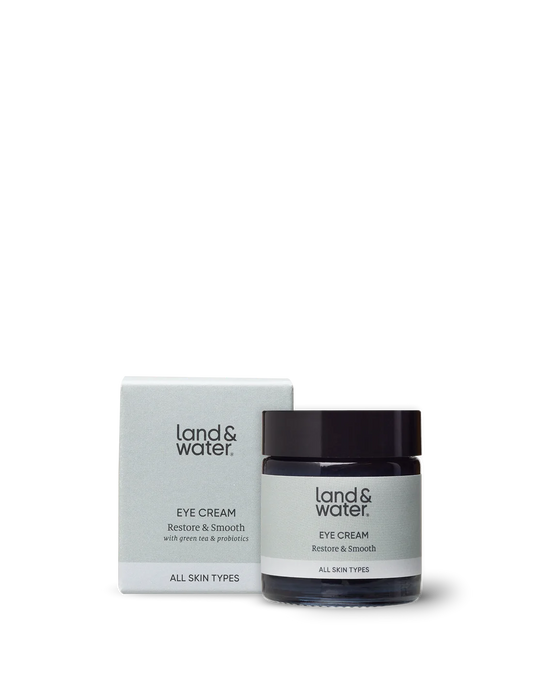 Close-up of Land & Water Restore & Smooth Eye Cream, highlighting its natural ingredients