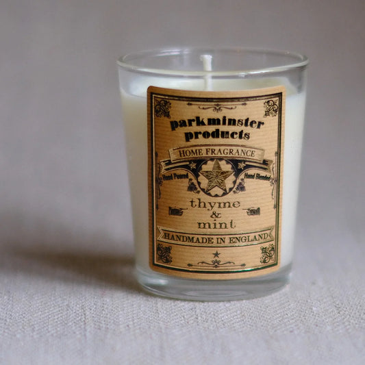 Parkminster Thyme & Mint Soy Votive Candle in recyclable glass, fresh green herb fragrance from pure essential oils, sustainable 75g vegan candle handmade in Cornwall UK