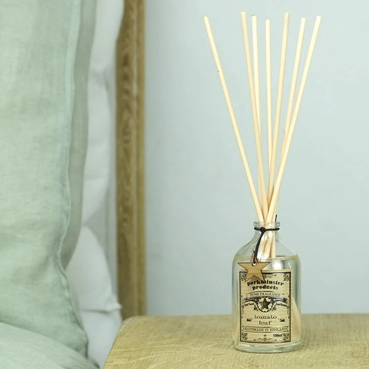 Parkminster Tomato Leaf scented reed diffuser, green fresh herbal, handmade in Cornwall, plastic free, 100ml.