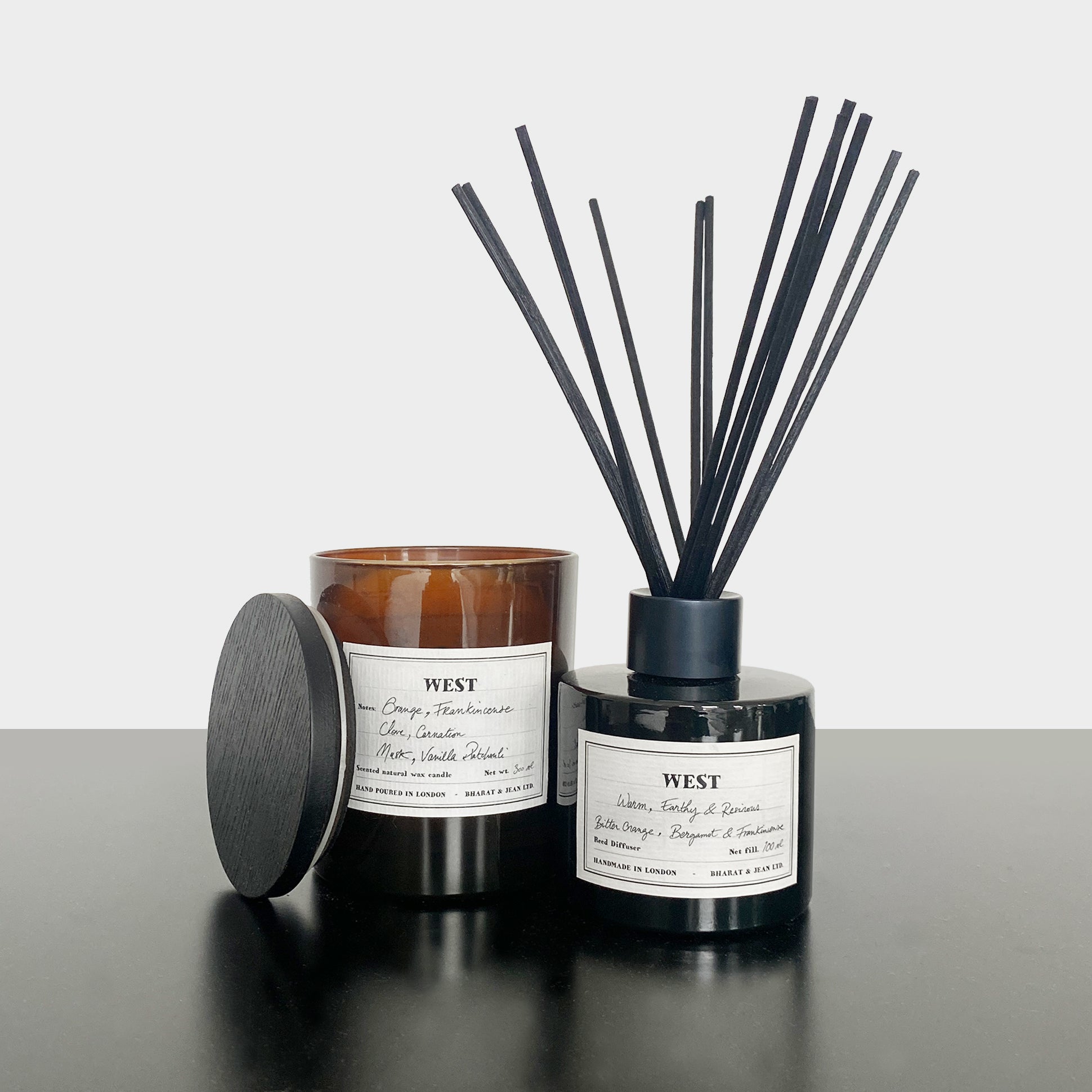 West Reed Diffuser by Bharat & Jean in amber glass bottle