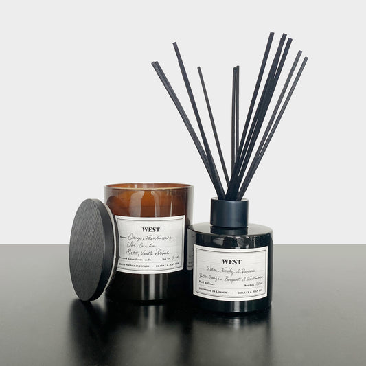 West Reed Diffuser by Bharat & Jean in amber glass bottle