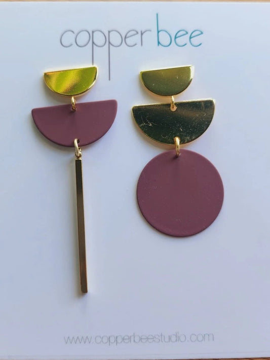 Pink and Brass Mismatch Geometric Statement Earrings, handcrafted in UK