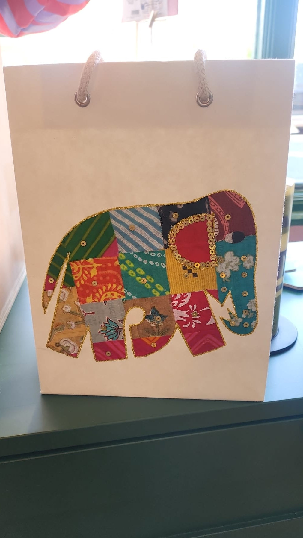 Handcrafted Gift Bag with Elephant design made out off cuts of sari material.