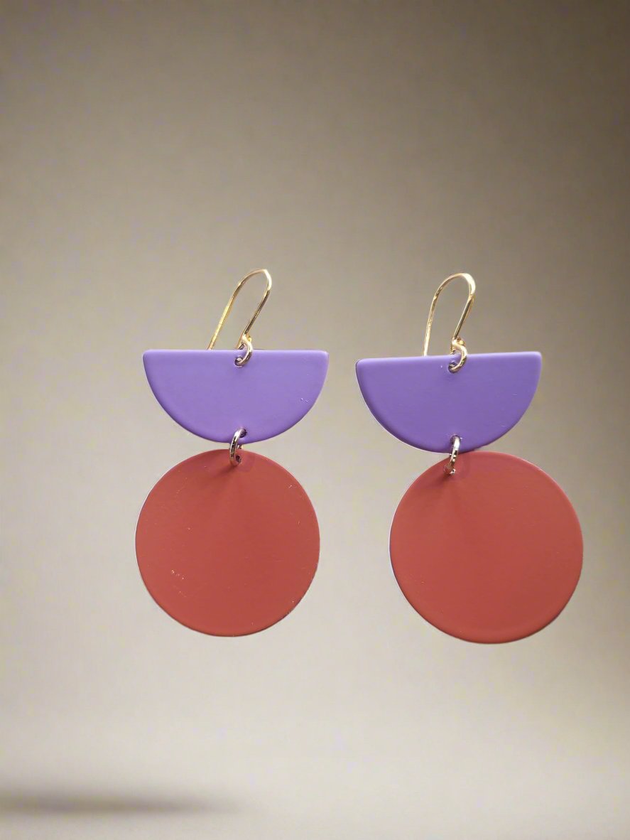 Bold Geometric Statement Earrings Lilac & Rust. Handmade in the UK