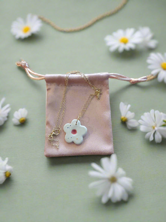 White Ceramic Daisy Flower Charm on Gold-Plated Necklace