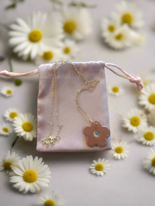 Chocolate Brown Ceramic Daisy Flower Charm on Gold-Plated Necklace