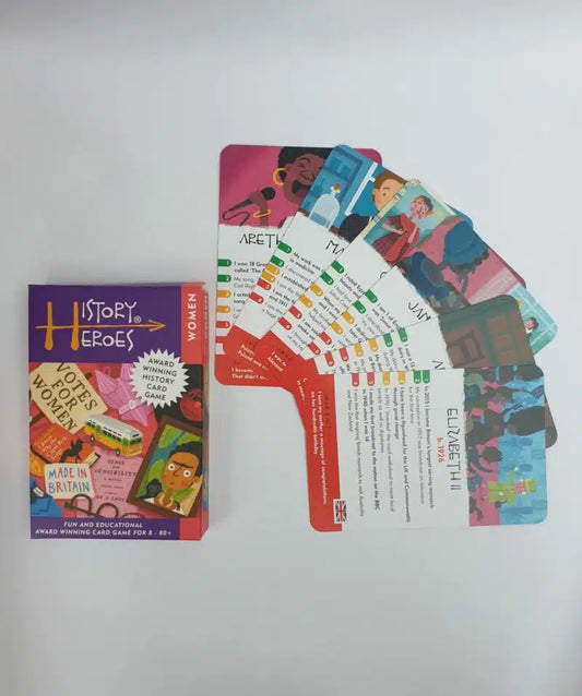 Close-up of illustrated cards from History Heroes Women game