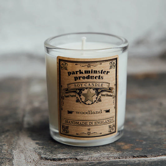 Parkminster Woodland Votive Candle in recyclable glass, earthy smoky oak hickory wet leaves fragrance, sustainable 75g soy candle handmade in Cornwall UK