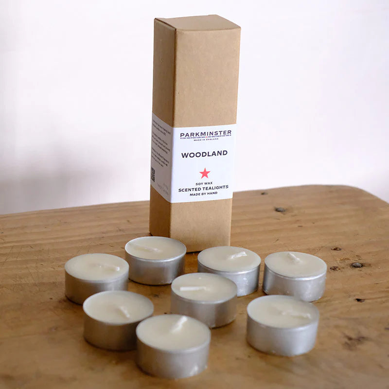 Parkminster Woodland Soy Wax Tealights 8 pack, earthy smoky oak hickory wet leaves fragrance, 16g each in recyclable aluminium, handmade sustainable candles Cornwall UK