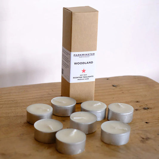 Parkminster Woodland Soy Wax Tealights 8 pack, earthy smoky oak hickory wet leaves fragrance, 16g each in recyclable aluminium, handmade sustainable candles Cornwall UK