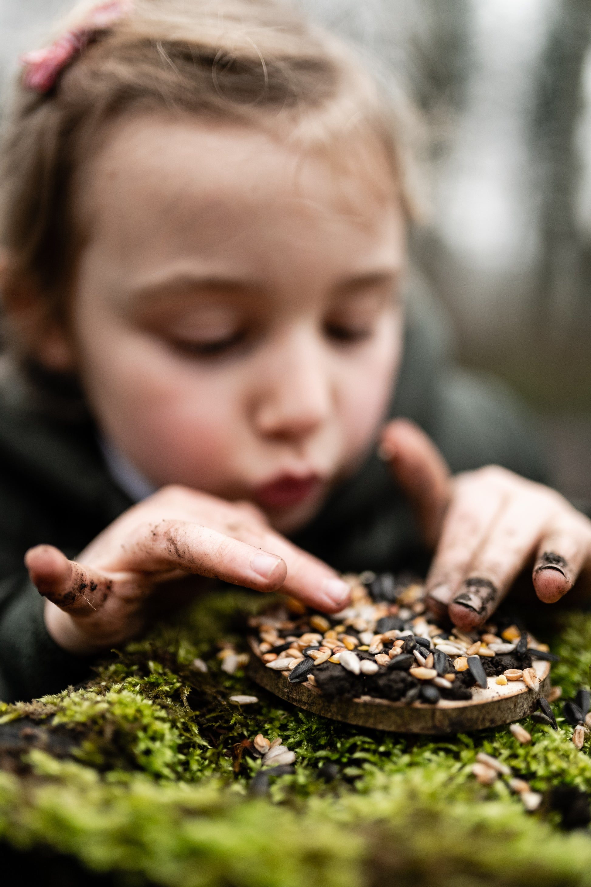 A child pushes the seeds down in the pizza base ready for the birds.