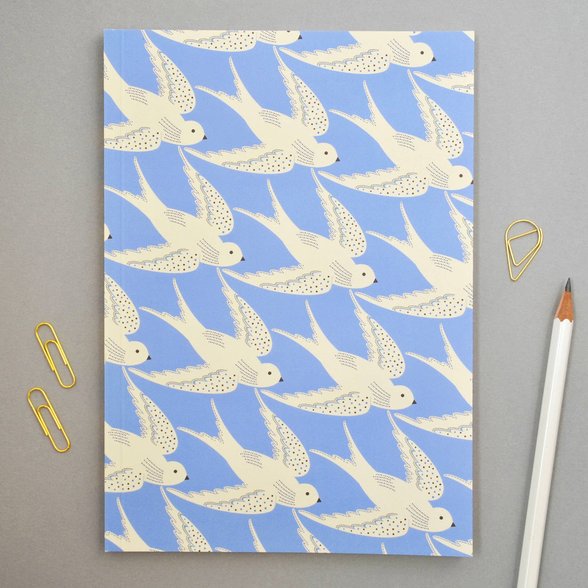 Birds in Blue A5 notebook featuring a charming bird pattern on the cover