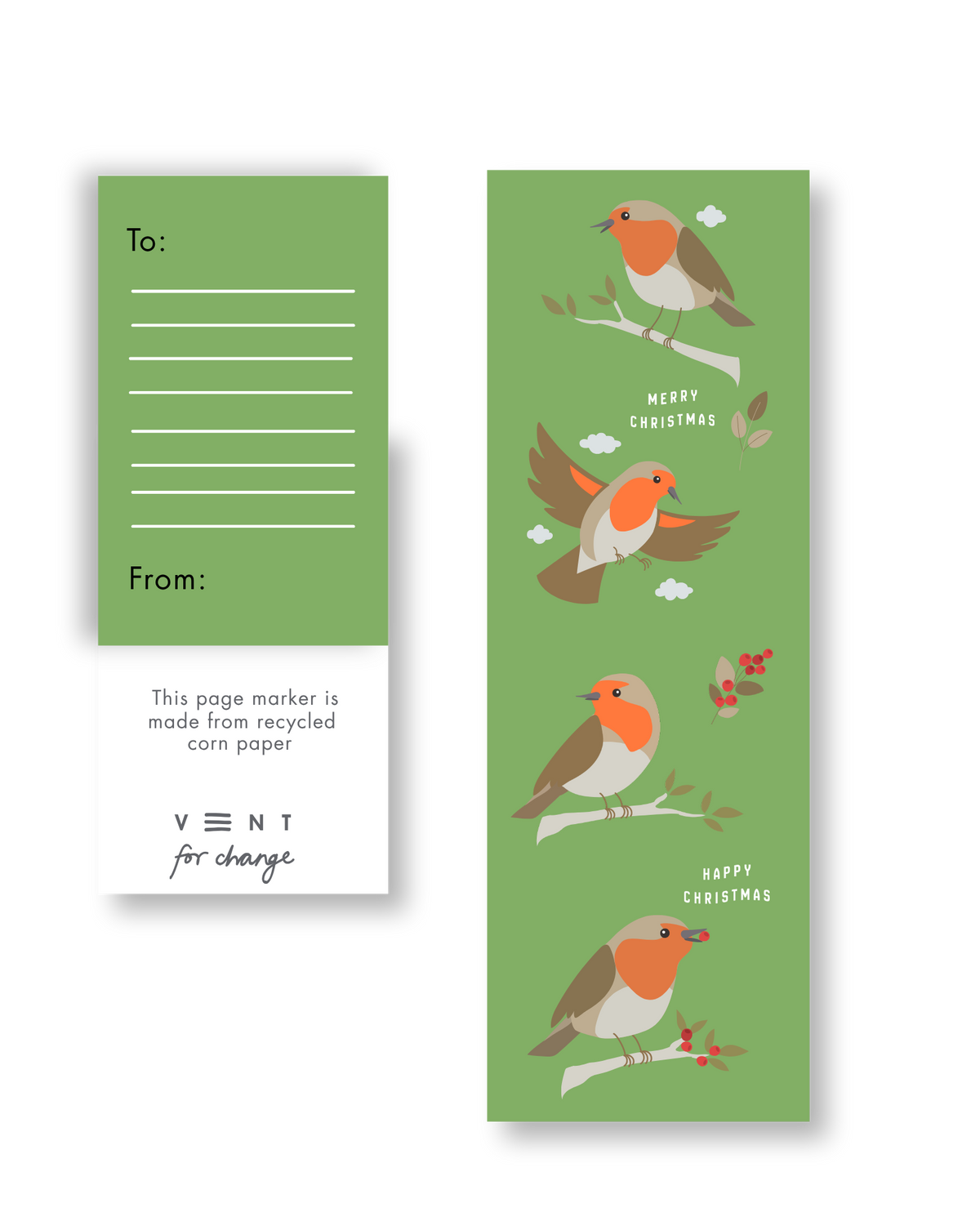 Close-up of festive green corn paper robin bookmark tucked into notebook