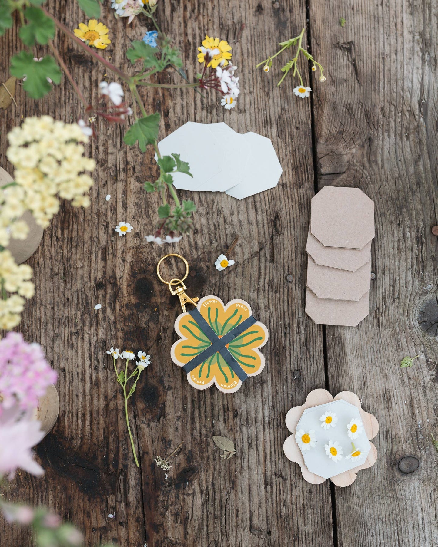 Green and yellow patterned flower press keyring