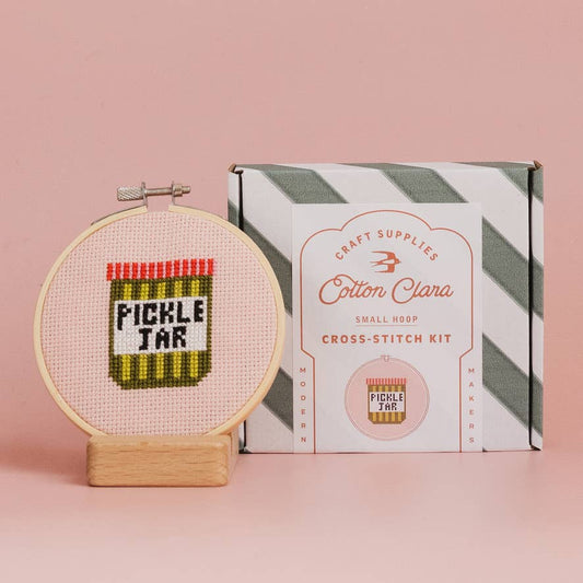 Pickle Jar Mini Cross Stitch Kit packaging and contents