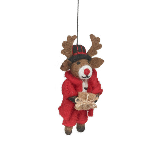 Close-up of Felt Dasher Reindeer Christmas ornament, handcrafted sustainable wool