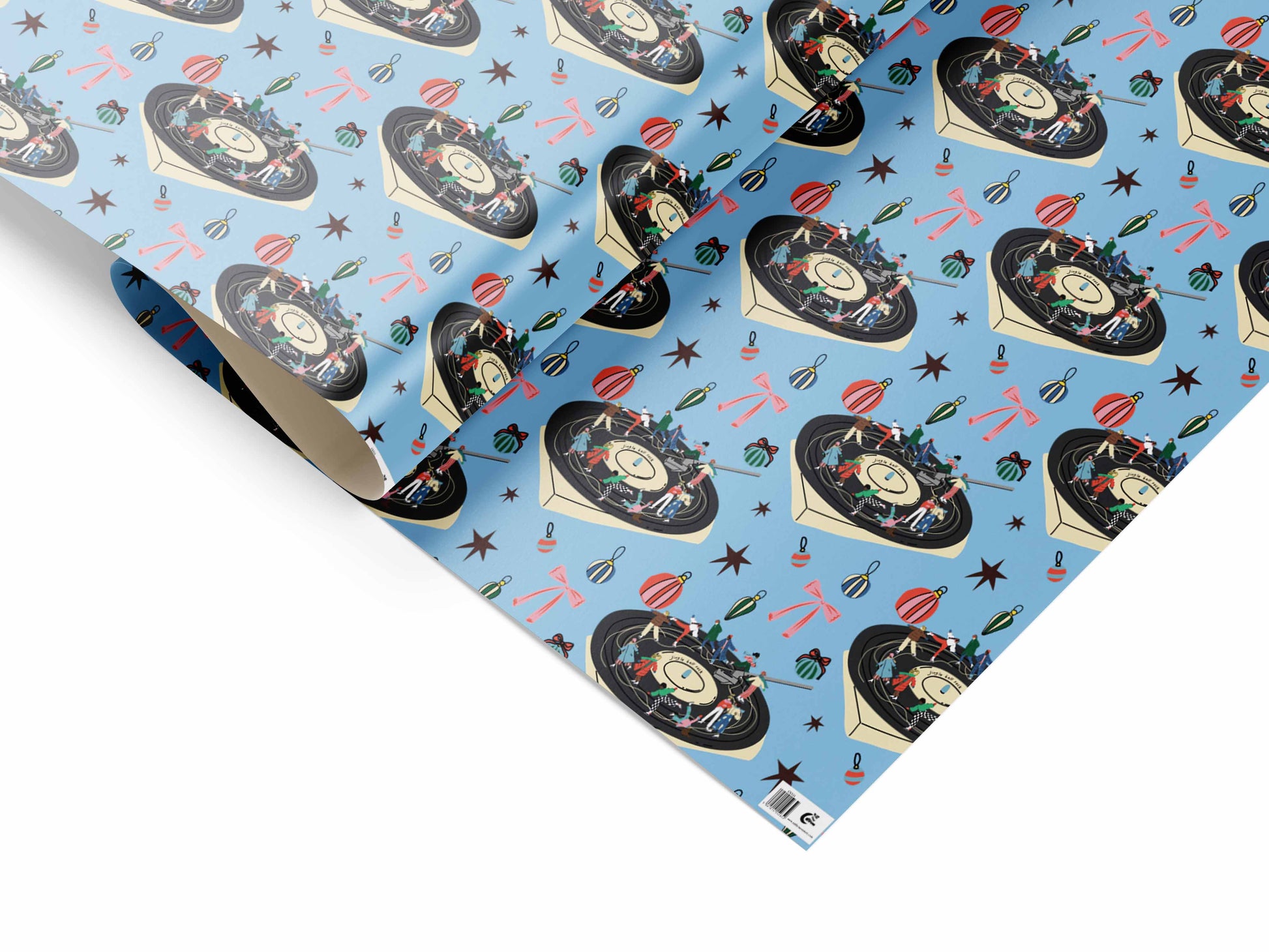 Jingle Bell Rock Christmas gift wrap sheet with festive illustration printed on uncoated recyclable paper.