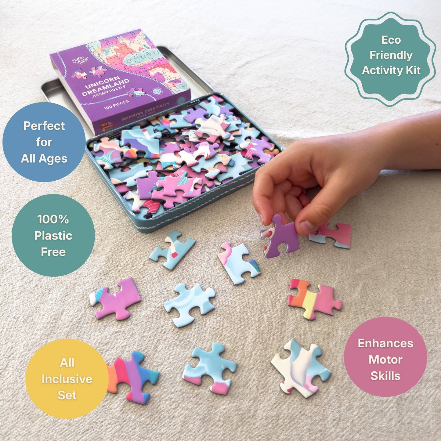 Eco-friendly kids unicorn puzzle pieces close up