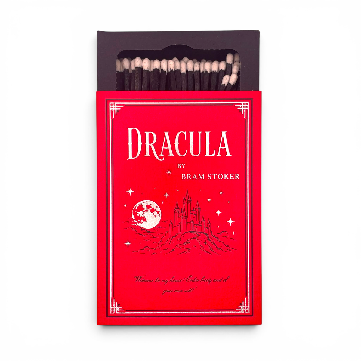 Dracula luxury matchbox with gothic illustration showing extra long matchsticks