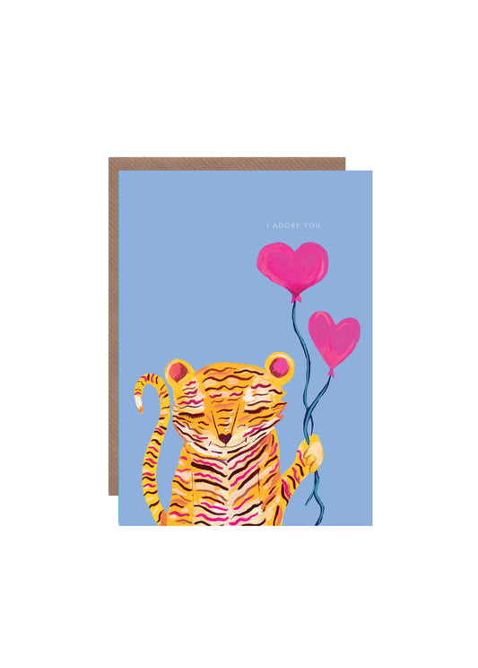 Tiger with heart balloons greeting card illustration