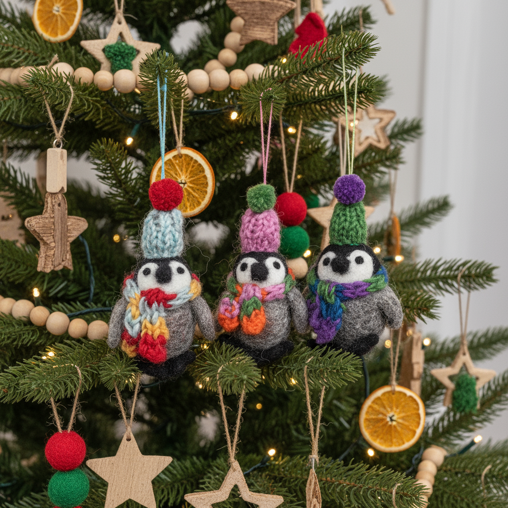 Sustainable felt penguin tree ornament