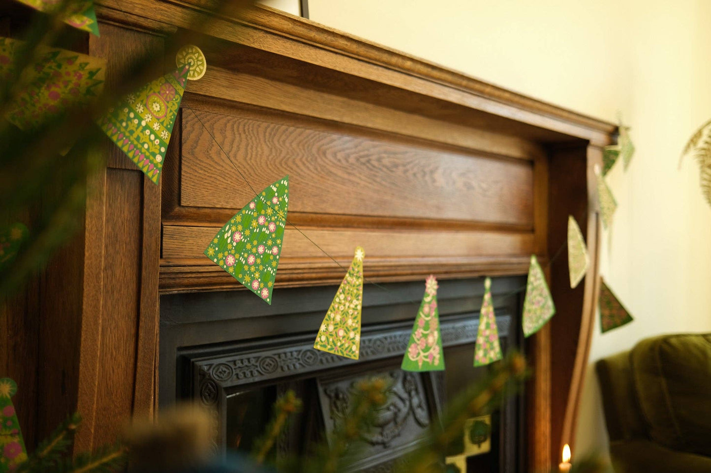 Hand-printed design on Midcentury Trees Sewn Garland