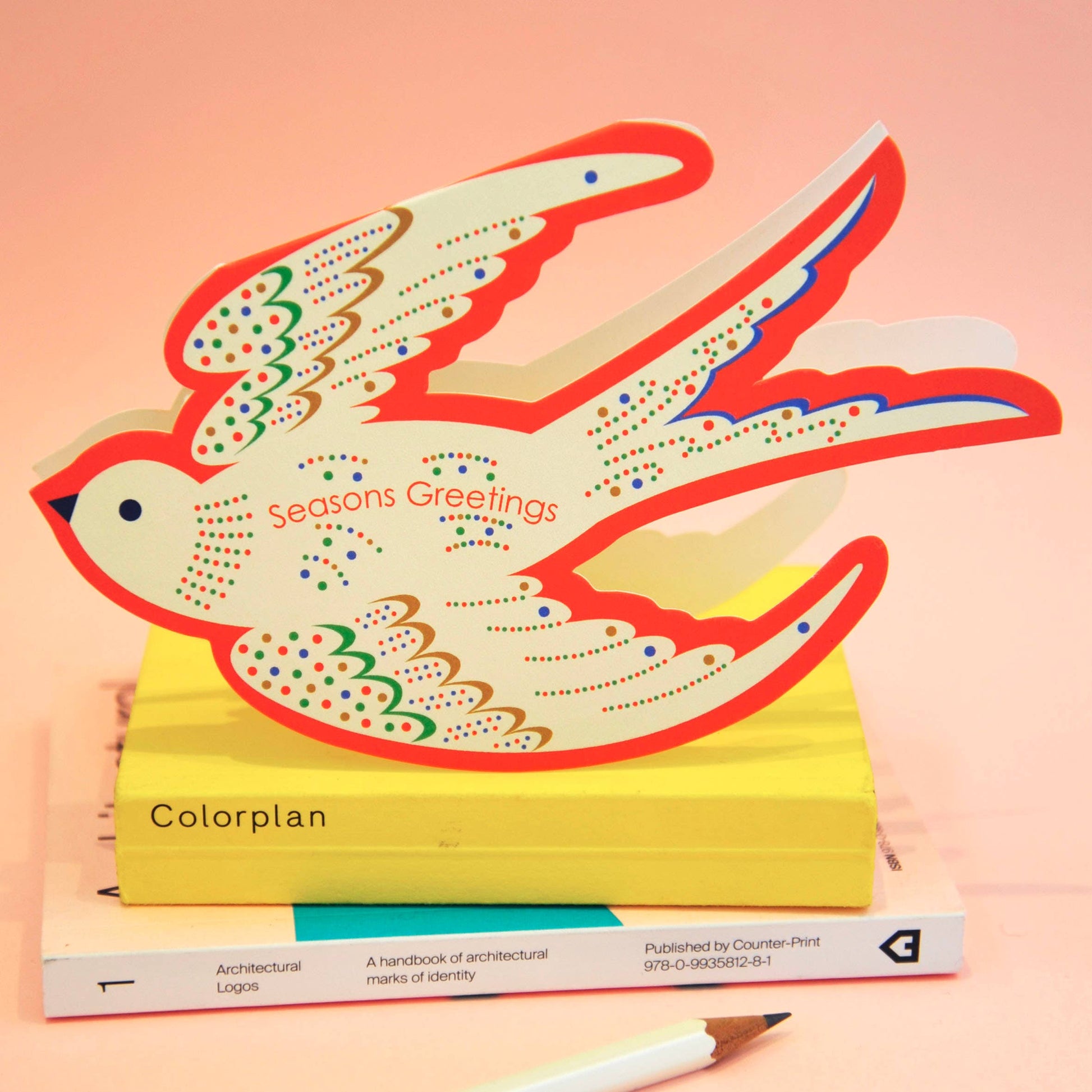 Whimsical Rocking Bird Christmas Card, festive red & gold design