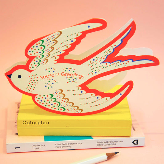 Whimsical Rocking Bird Christmas Card, festive red & gold design