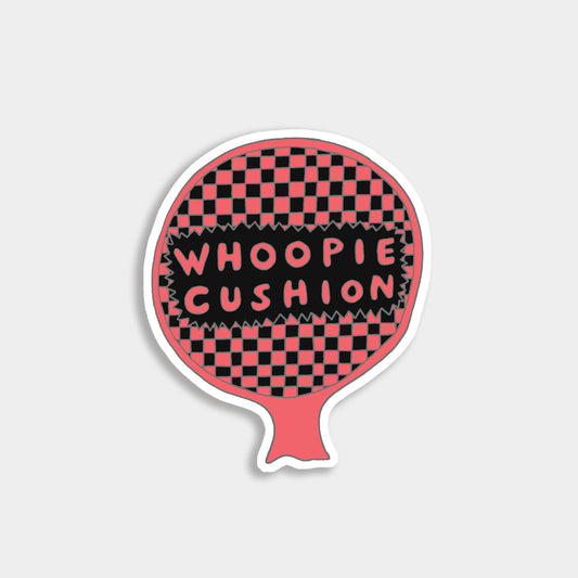 Hand-drawn whoopie cushion vinyl sticker – classic retro prank design, perfect for laptops, bottles, and notebooks. Fun, cheeky humour for prank lovers.