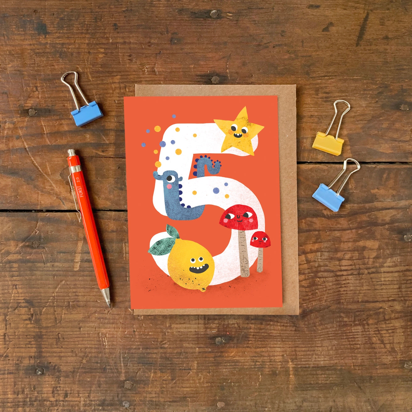 Eco-friendly children's 5th birthday card with colourful animal illustrations