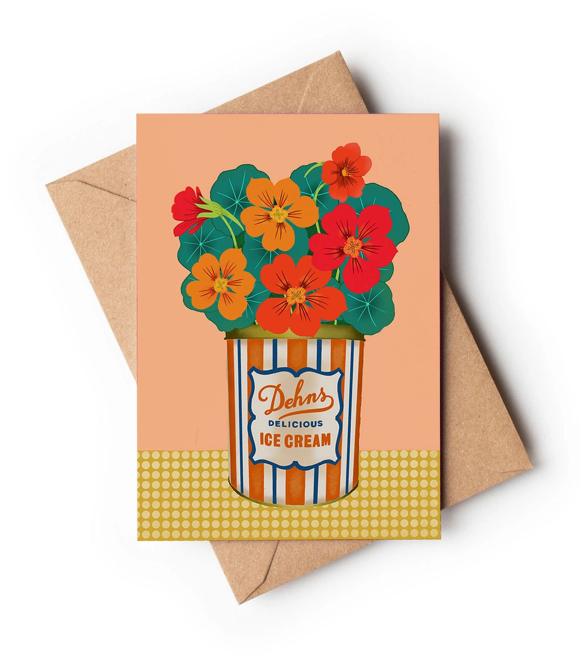 Greeting card with ice cream cone and flowers design, featuring a brown envelope.  Designed by  Su Owen. Made in the UK.