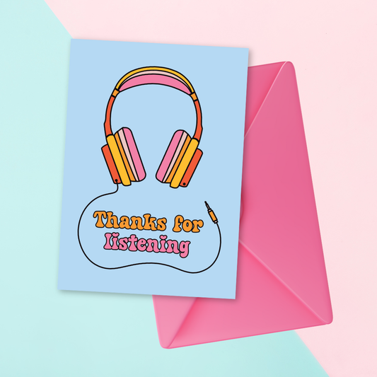 Greeting card with colourful headphones and 'Thanks for Listening' text on a light blue background, with a pink envelope. Eco Card by Sunshine Lane