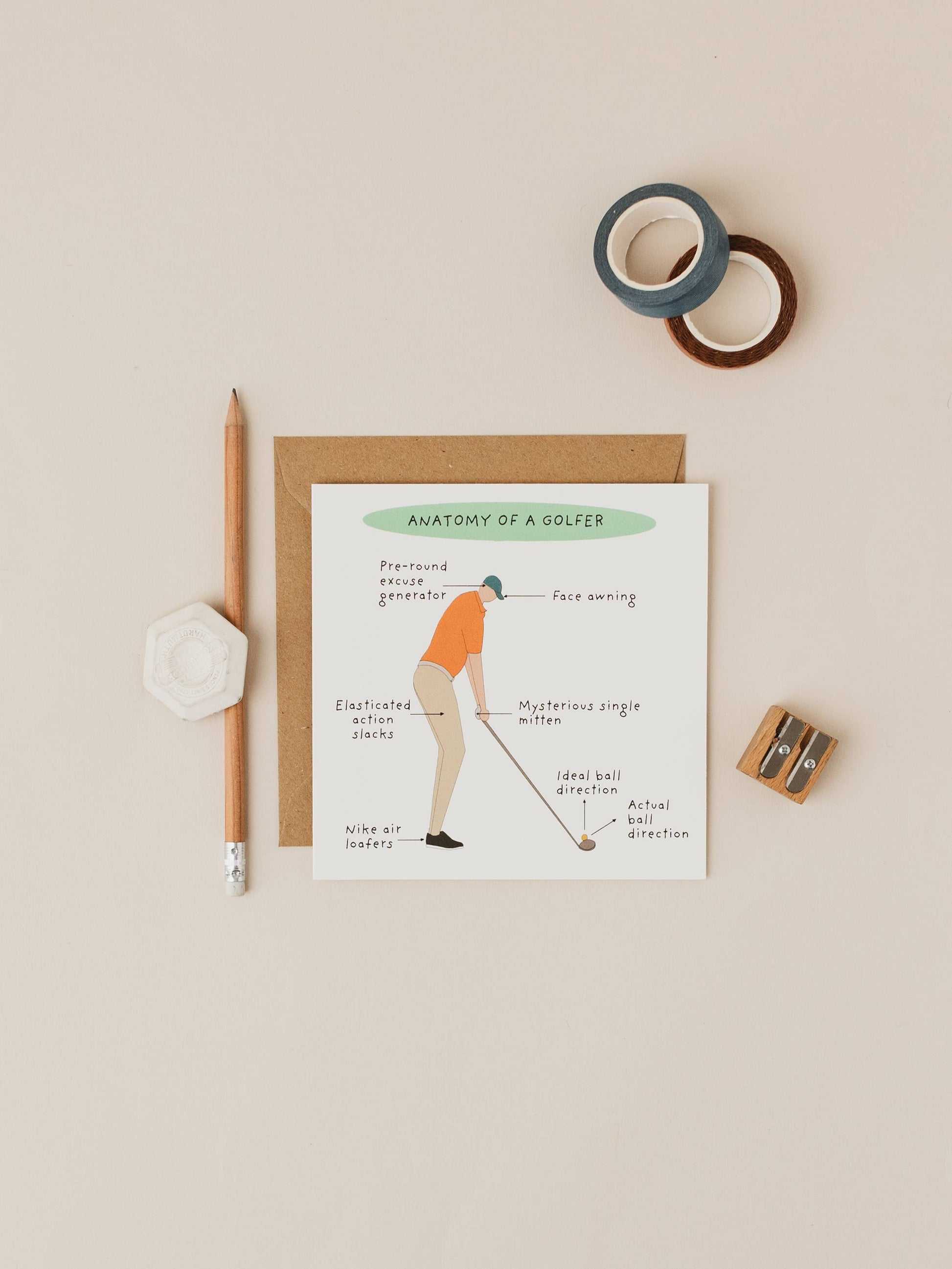 Close up of Anatomy of a Golfer card printed on premium soft white card