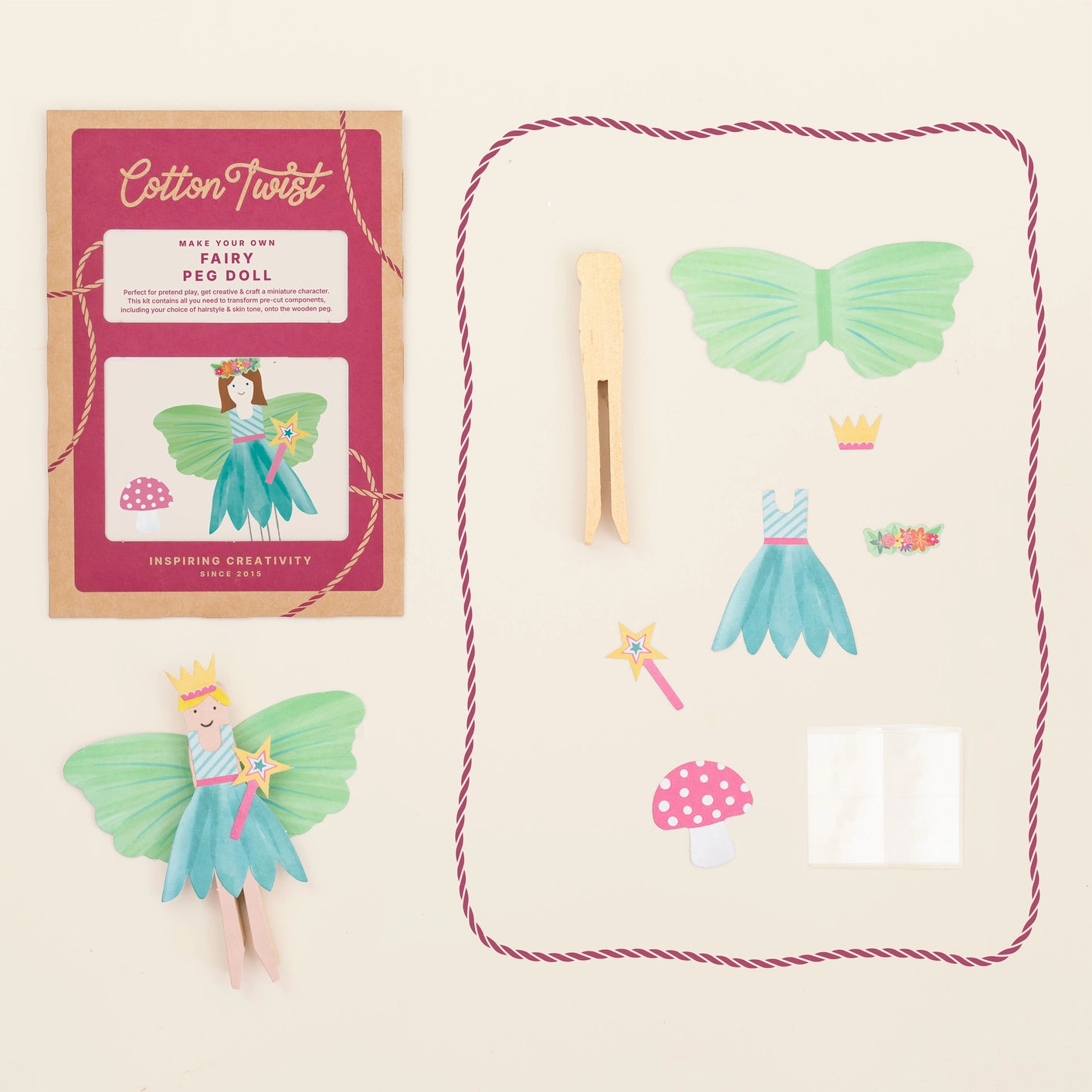 Cotton Twist Make Your Own Fairy Peg Doll sustainable crafting kit with dress, wings, and accessories
