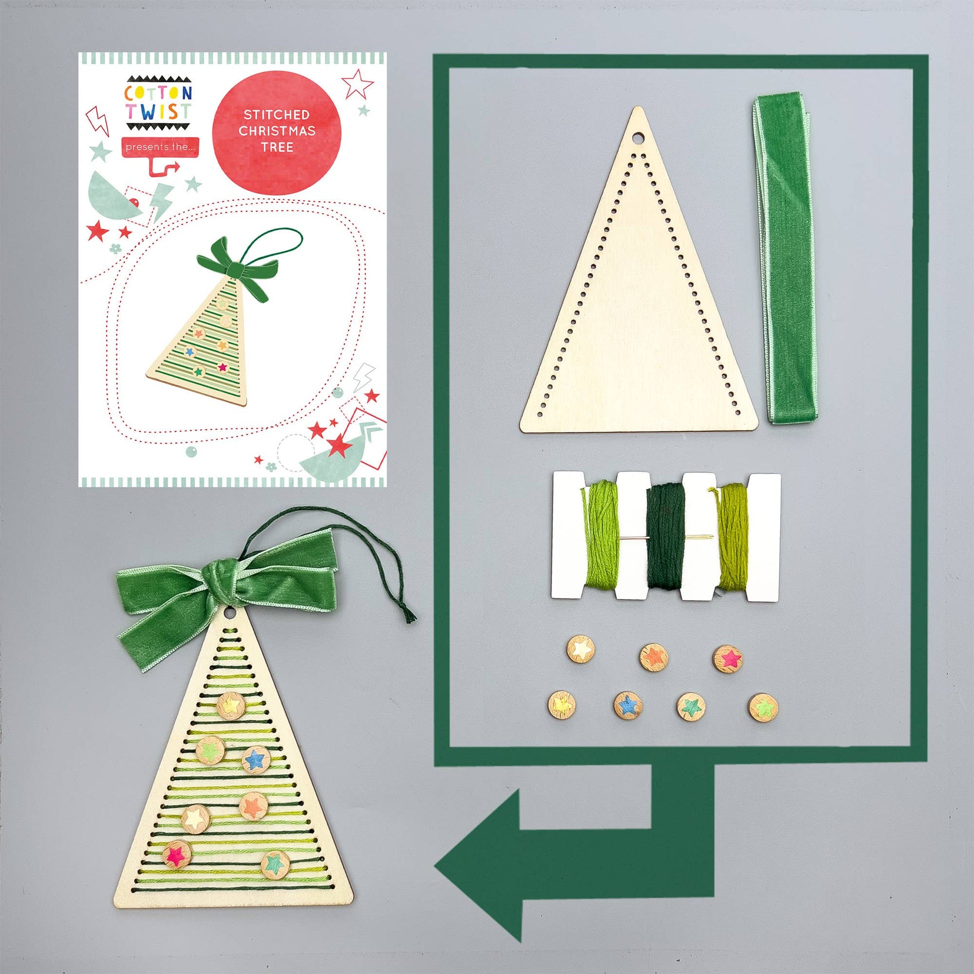 Cotton Twist stitched Christmas tree decoration kit with sustainably certified wooden tree base and cotton thread