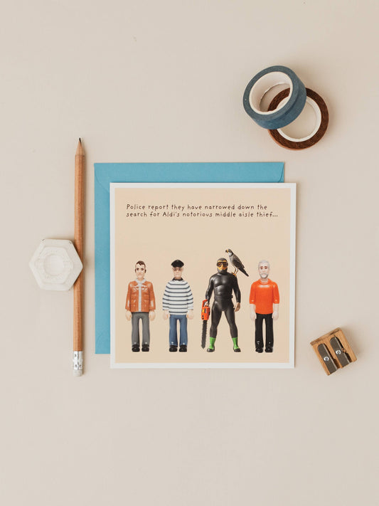 Close-up of Aldi Thief humorous greeting card, showing the unique AI-enhanced character and playful wording by Not at all Jack.